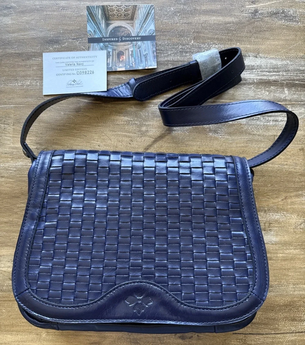 Patricia Nash Discovery Valeria Saddle Bag Navy Woven Leather LE NWT D398226